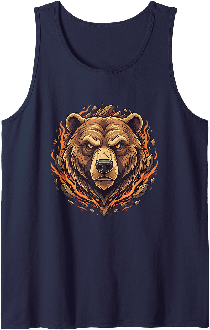 Wild Grizzly Bear Fire Mountain Nature Fiery Grizzly Bear Head Flames Wilderness Tank Top - Navy Blue