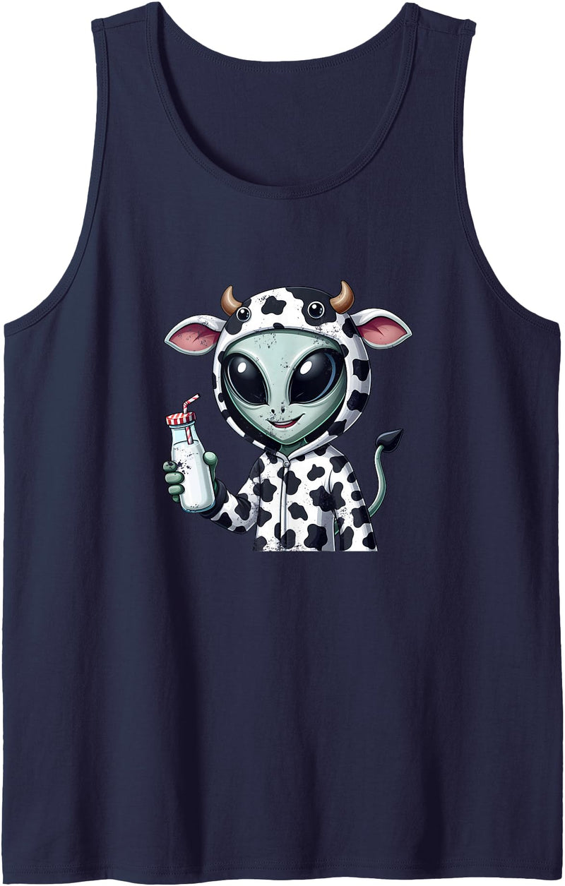 Alien Cow Milk Collection Alien in Cow Costume Holding Fresh Milk Tank Top - Navy Blue
