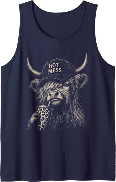 Hot Mess Highland Cow Leopard Funny Coffee Lover Vintage Tank Top