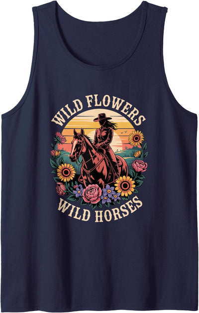 Southern Cowgirl Horse Riding Retro Sunset Tee Wild Flowers Wild Horses Cowgirl Western Retro Sunset Tank Top