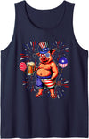 Farmer 4th Of July Costume Pig Sunglasses Drinking Beer 4th Of July Farmer Owner Lover Tank Top - Navy Blue