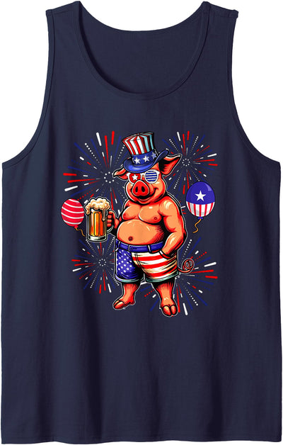 Pig Sunglasses Drinking Beer 4th Of July Farmer Owner Lover Tank Top