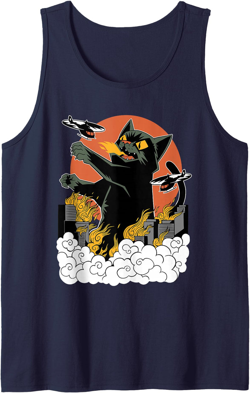 Vintage Sunset Attack Giant Cat Japanese Sunset Catzilla Tank Top - Navy Blue