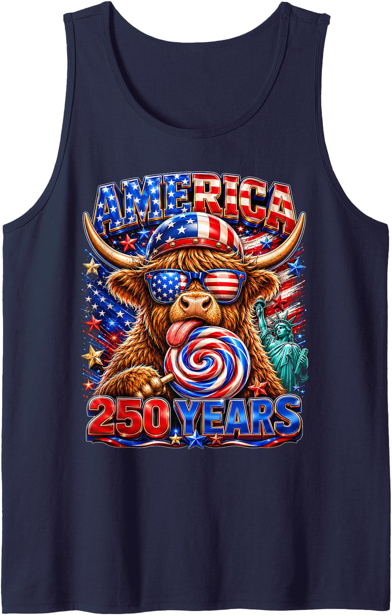 Patriotic Highland Cow Fourth of July USA Flag 1776 2026 America 250th Anniversary Highland Cow 4th of July Tank Top - Navy