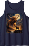 Highland Cow Forest & Moon Aesthetic Gear Mystical Highland Cow Spirit Howling at The Moon Nature Tank Top - Navy Blue