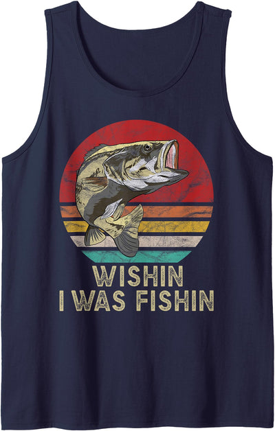Wishing I Was Fishing Funny Vintage Bass Fish Gifts Tank Top