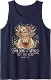 Religious Farmhouse Christian Cow Designs Christian Highland Cow Floral Follow The Word Not The Herd Tank Top - Navy Blue