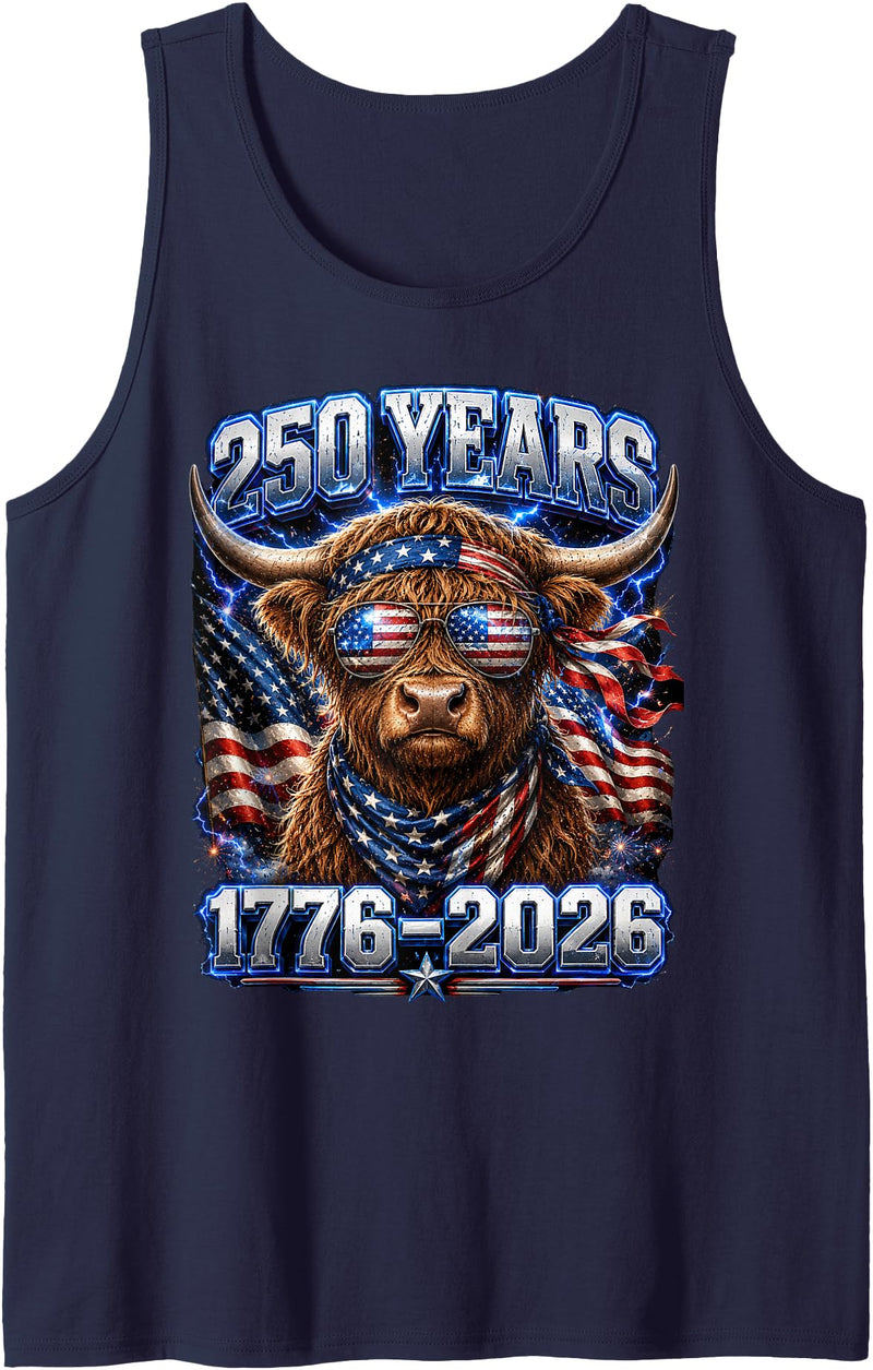 Independence Day Farmer Fourth of July Farm America Flag Highland Cow 4th of July Farm 250th Anniversary Tank Top - Navy Blue