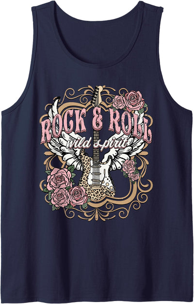 Rock & Roll Wild Spirit Leopard Guitar Floral Vintage Rock n Roll Wild Spirit Lets Rock Guitar Floral Tank Top