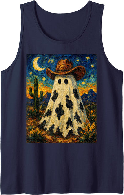 Cute Cowboy Ghost Halloween Spooky Art Cow Print Cowboy Hat Tank Top