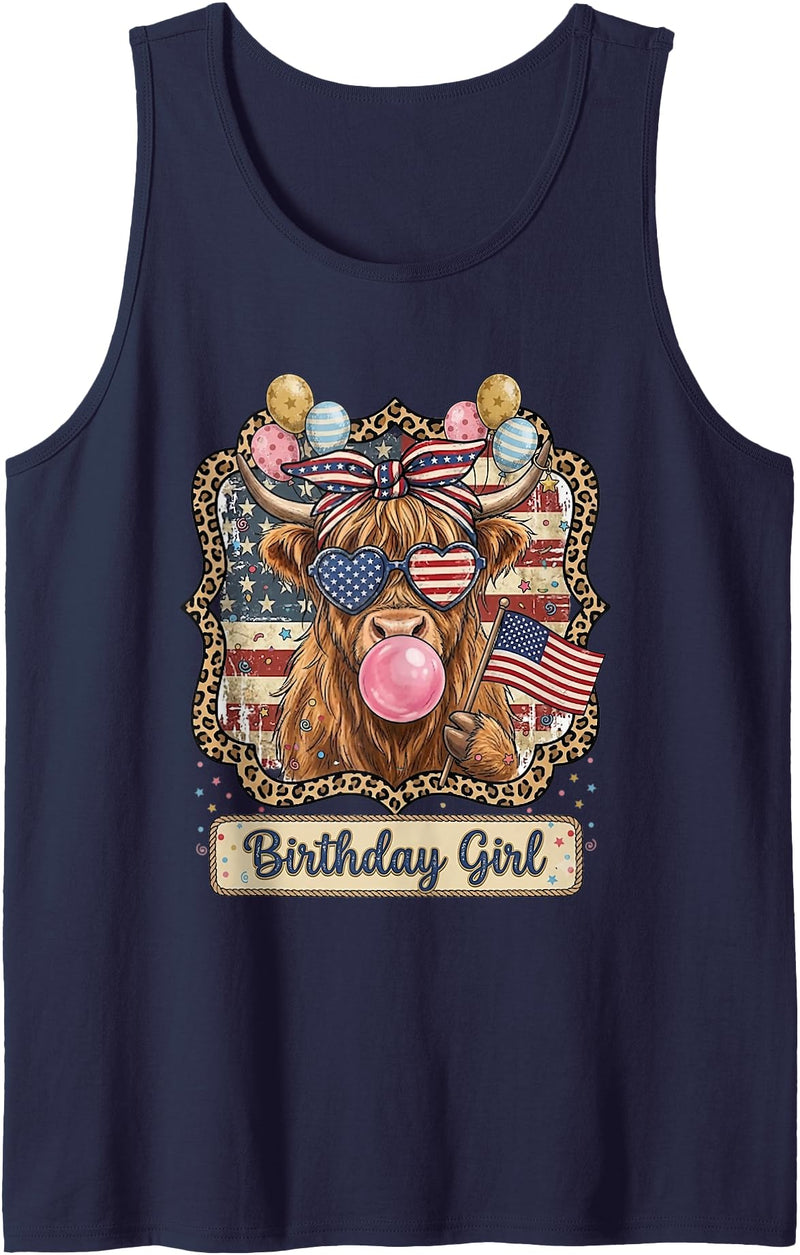 Patriotic Highland Cow Birthday Girl Flag Apparel Patriotic Highland Cow Birthday Girl Flag Design Tank Top - Navy Blue