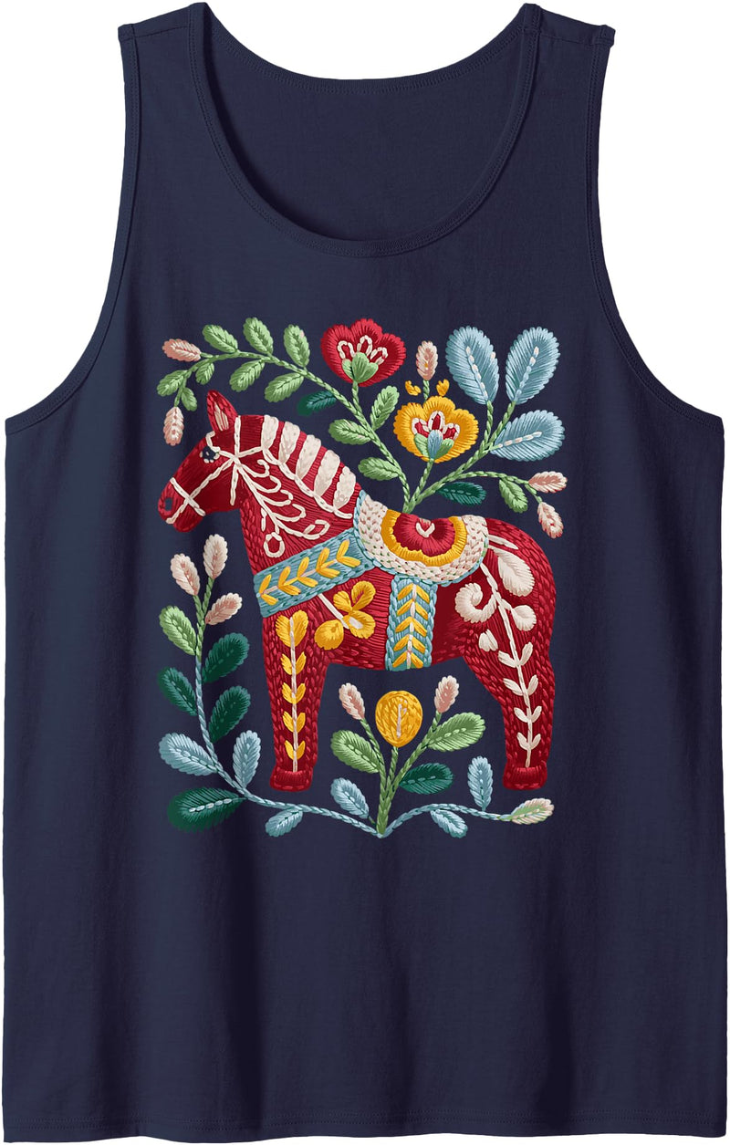 Dala Horse Dalecarlian Sweden Swedish National Swedish Dala Horse Folk Art Sweden Flag Dalahelmsoljd Tank Top - Navy Blue