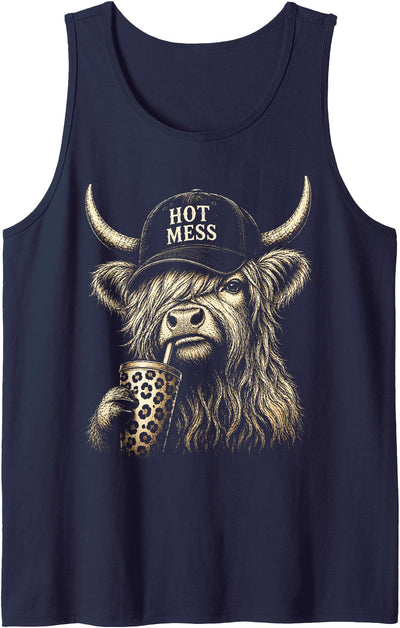 Hot Mess Highland Cow Funny Cute Coffee Lover Tank Top