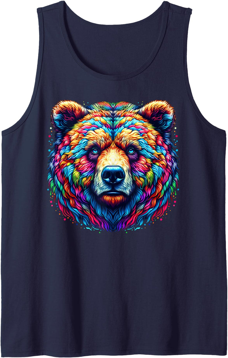 Grizzly Bear Illustration Tie Dye Cool Grizzly Bear Spirit Animal Illustration Tie Dye Art Tank Top - Navy Blue