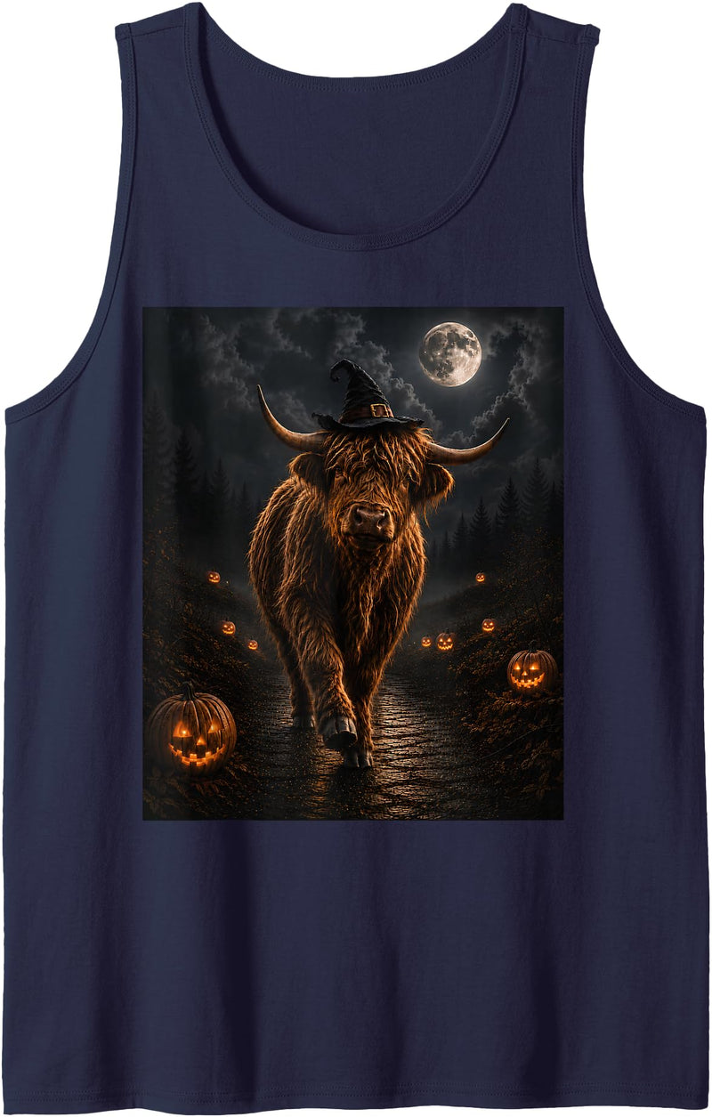 Spooky Highland Cow Halloween Farm Anima Highland Cow Halloween Witch Hat Moon Pumpkin Night Tank Top - Navy Blue