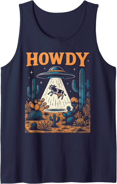 Howdy Western Cowboy Ufo Alien Saucer Cow Lover Usa America Tank Top