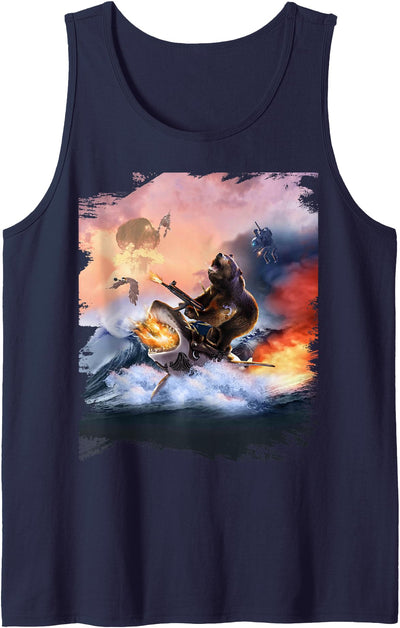 Bear Riding Shark Funny Tank Top