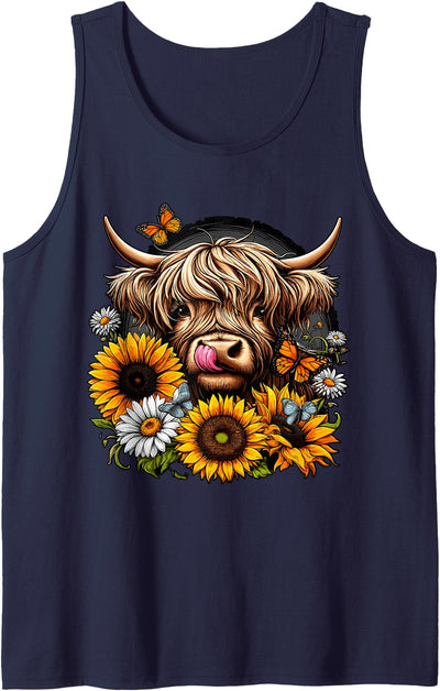 Highland Cow with Sunflowers and Butterflies Tank Top