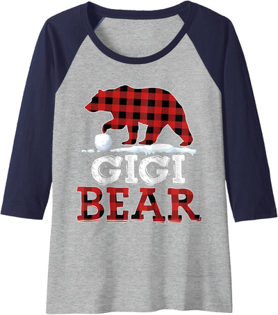 Womens Buffalo Plaid Red Xmas Christmas Gigi Bear Pajama Family Raglan Baseball Tee