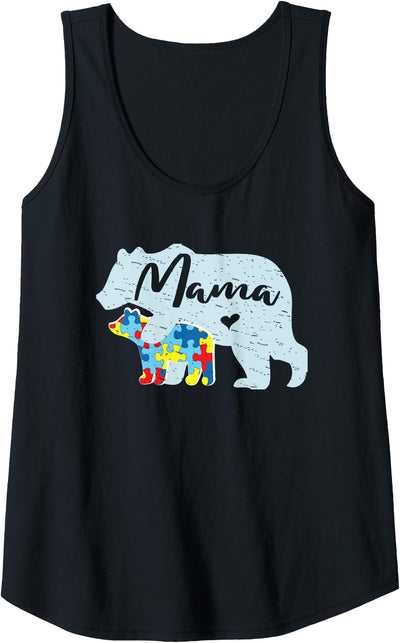 Womens Mama Bear Cute Autism Awareness Mom With Puzzle Piece Cub Tank Top