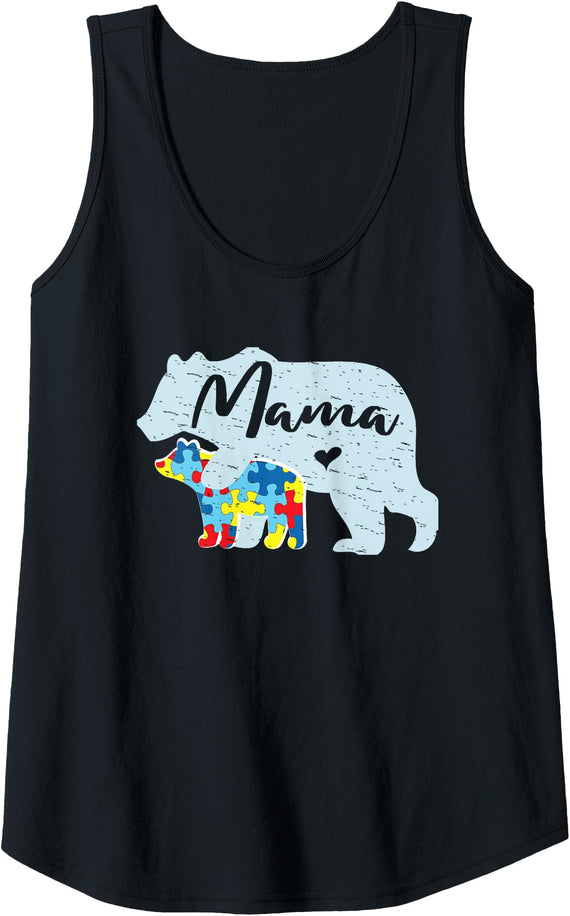 Anne Graphics - Advocate For Autism Womens Mama Bear Cute Autism Awareness Mom With Puzzle Piece Cub Tank Top - Black