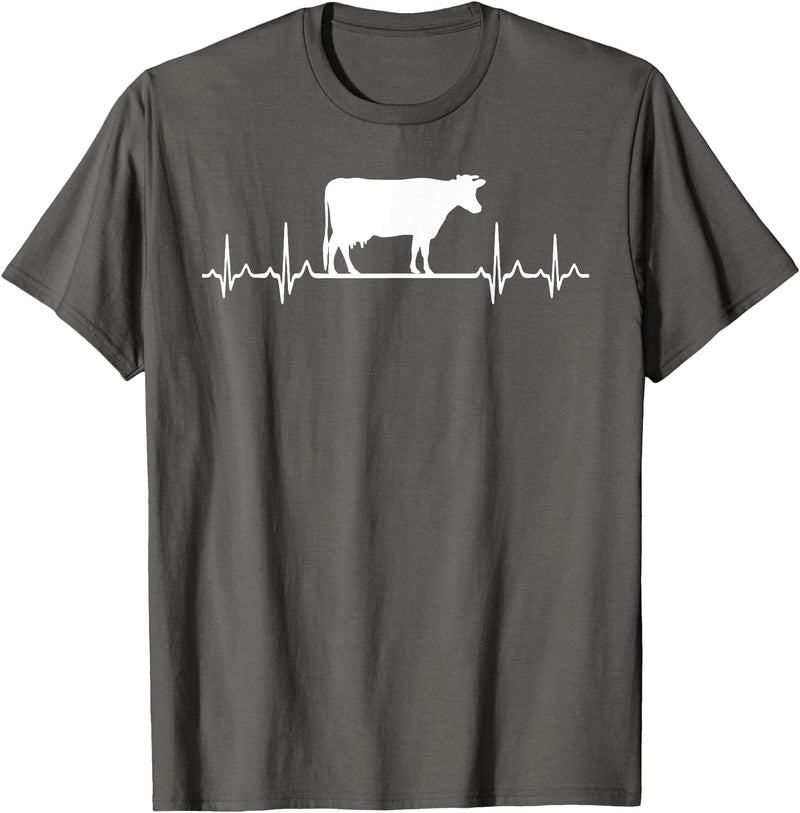 Farm and Holstein Cow for Men and Cattle Clothing Heartbeat Pulse ECG - Holstein Rancher For Cattle Farmer T-Shirt - Asphalt