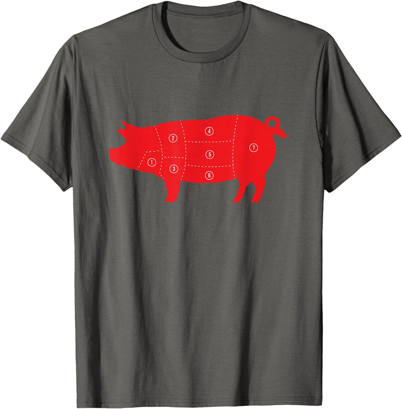 Carnivore Grilling Gifts For Butchers Pig Cuts Pork Chops Bacon Butt Butcher Costume Pigs Diagram T-Shirt - Asphalt Grey