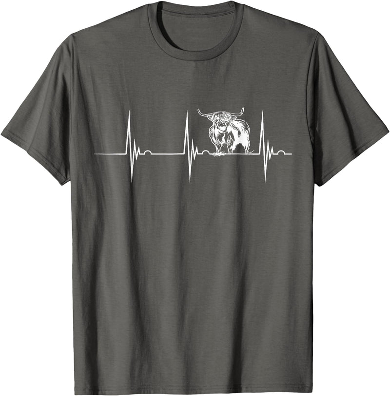 Loveable Highland Cows Hairy Coos Scottish Highland Cow Heartbeat EKG Pulse Highlander Cow T-Shirt - Asphalt Grey