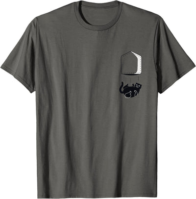 funny black cat in pocket and falls cat humor T-Shirt - Grey, Unisex-Adults and Kids, Cat Humor, Cat Lovers, Short Sleeve, Classic Fit, Cotton, Polyester, Small