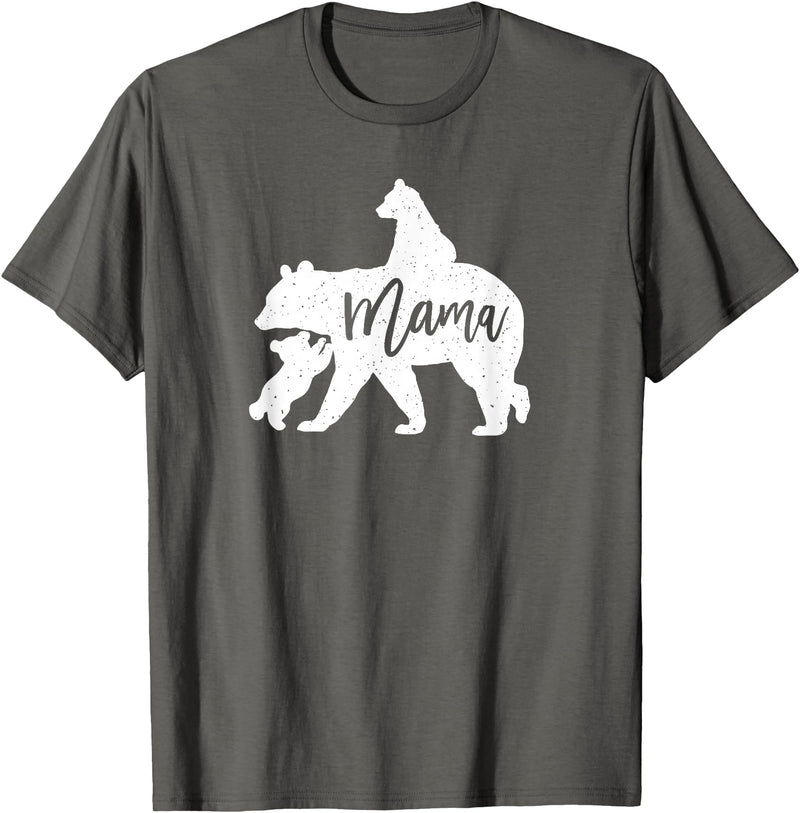 Artsy Mommy Bear Silhouette Nature Family Gifts Mama Bear 2 Baby Bear Cubs Playing Riding on Back T-Shirt - Asphalt Grey