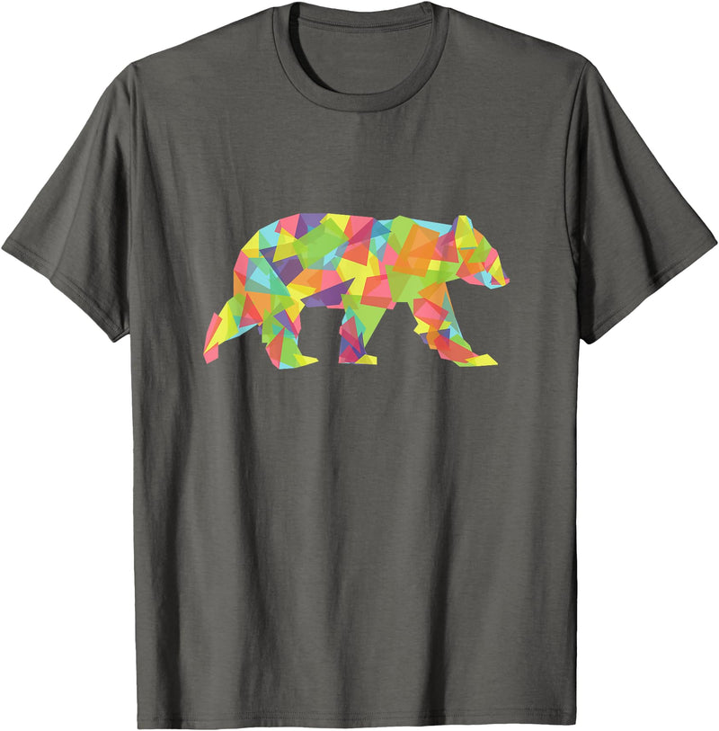 Fractal Trippy Colorful Rave Animal Tees Fractal Geometric Bear T-Shirt - Pastel Crystal Tee - Asphalt Grey
