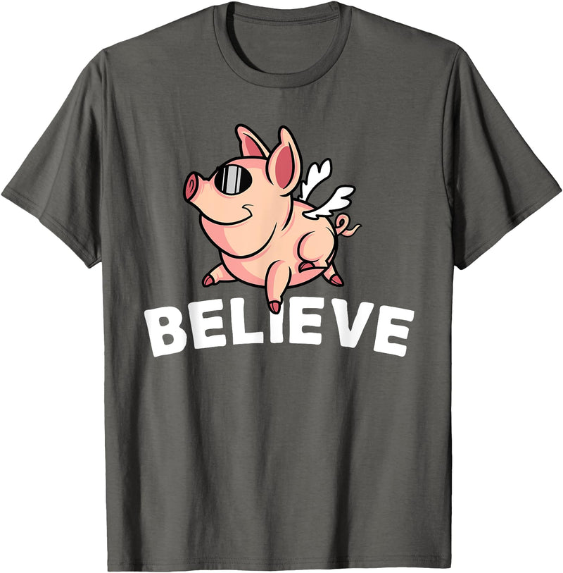Funny Happy Piglet Farm Life Farmer Motivational Believe Flying Pig with Sunglasses Funny Animal Lover Gifts T-Shirt - Asphalt Grey