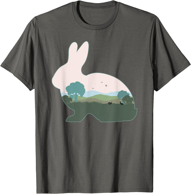 Rabbit Print with Landscape Rabbit Lover - Hare Bunny T-Shirt in Asphalt Grey