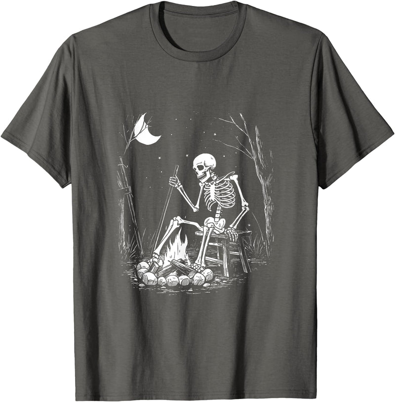 RetroPop Vintage Gear Camping Skeleton Bones Halloween Forest Campfire Graphic T-Shirt - Asphalt Grey