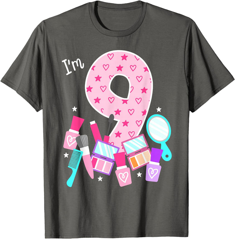 Birthday Girl Spa Squad Outfit Gifts Shop Spa Birthday Party I'm 9 Girls Makeup 9th Bday Kids Toddlers T-Shirt - Asphalt Grey