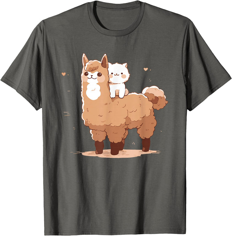 Kawaii Valentine Llama And Cat Design Cute Llama And Cat T-Shirt - Asphalt Grey