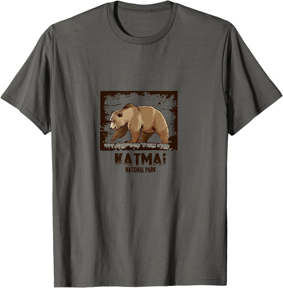 National Parks Nature Lovers Camping Apparel Katmai National Park Bear T-Shirt - Asphalt Grey