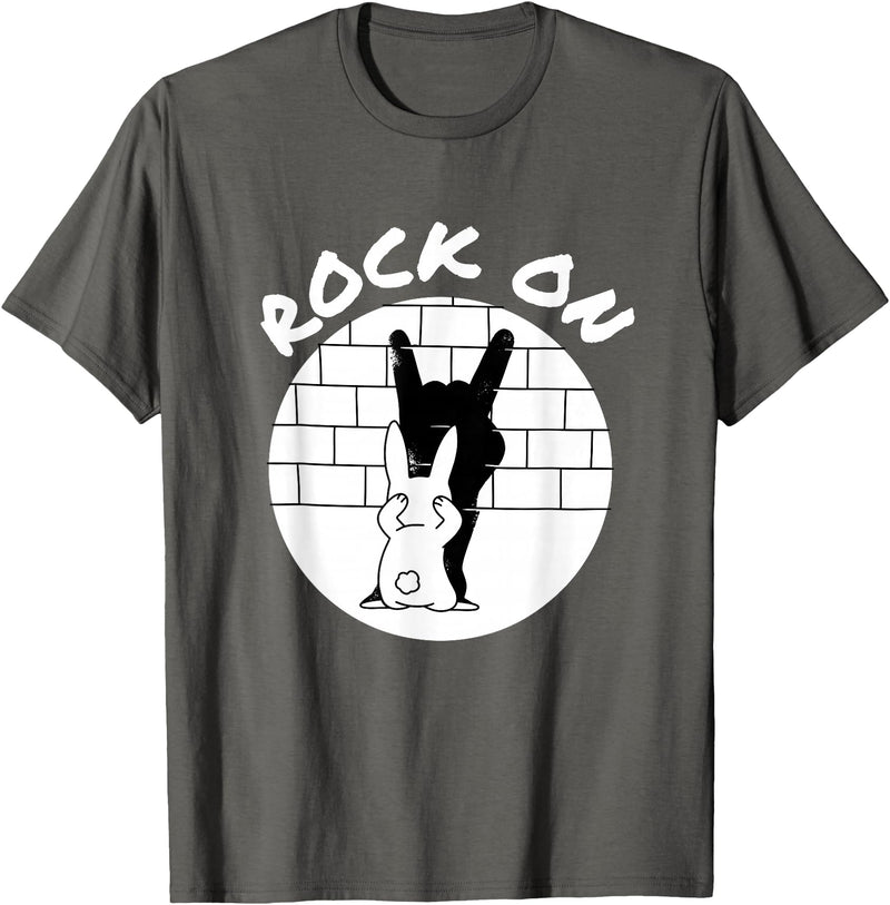 Funny Rock on Bunny Rabbit Shadow Puppet Rock N Roll Hand T-Shirt in Asphalt Grey