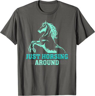 Funny Horse Lover Gifts Women Teen Girls Just Horsing Around Funny Horse Equestrian Riding Graphic T-Shirt - Asphalt Grey
