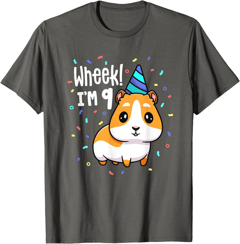 Guinea Pig Birthday by Joy Haus Guinea Pig Birthday Party Wheek Kids 9 Year Old 9th Outfit T-Shirt - Asphalt Grey