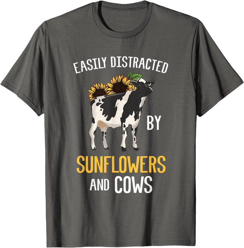 Funny Gift Idea for Sunflower and Cow Lovers Easily Distracted By Sunflowers and Cows T-Shirt - Asphalt Grey