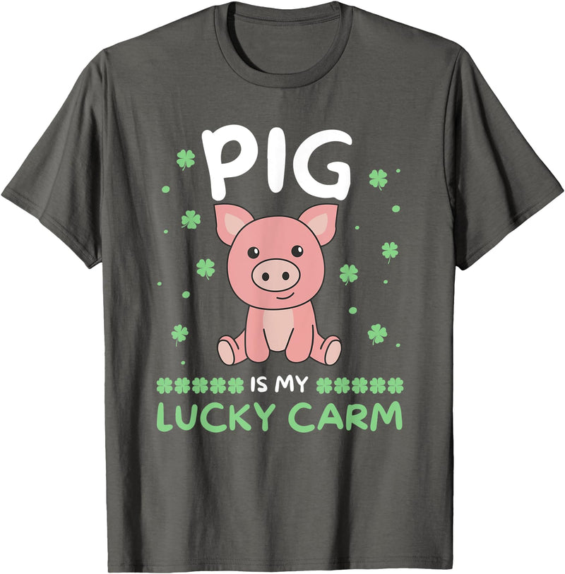 Ireland Cute Animals St. Patrick's Day Pig Is My Lucky Carm Shamrock St. Patrick's Day Pig T-Shirt - Asphalt Grey
