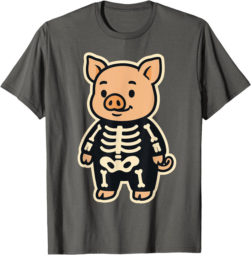 Spooky Cute Cartoon Animals in Halloween Outfits Funny Pig Skeleton Costume for Kids Boys Girls Halloween T-Shirt - Asphalt Grey
