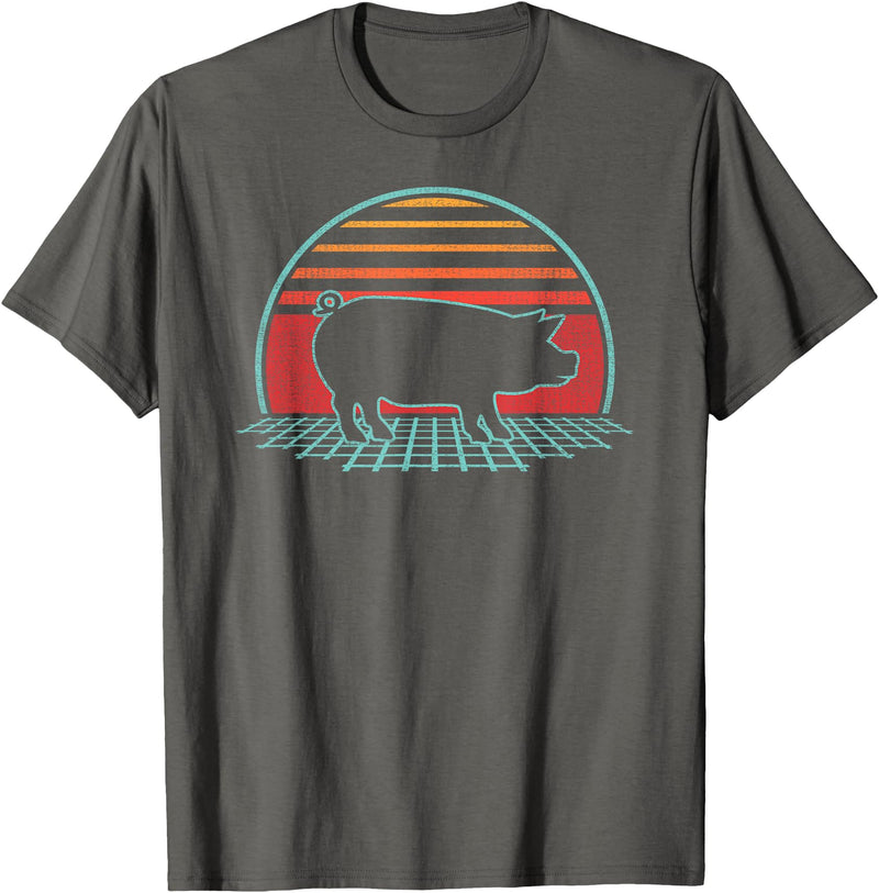Pig Retro Vintage Style Pig Lover Farmer Farm Animal Retro Vintage 80s Style T-Shirt - Asphalt Grey
