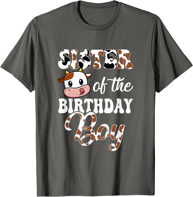 Love Family Matching Sister Of The Birthday Boy Cow Farm 1St Birthday Boy T-Shirt - Asphalt Grey