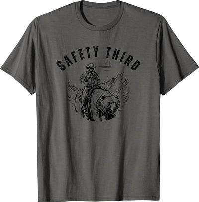 Safety Third Cowboy Riding Bear Humorous Graphic T-Shirt