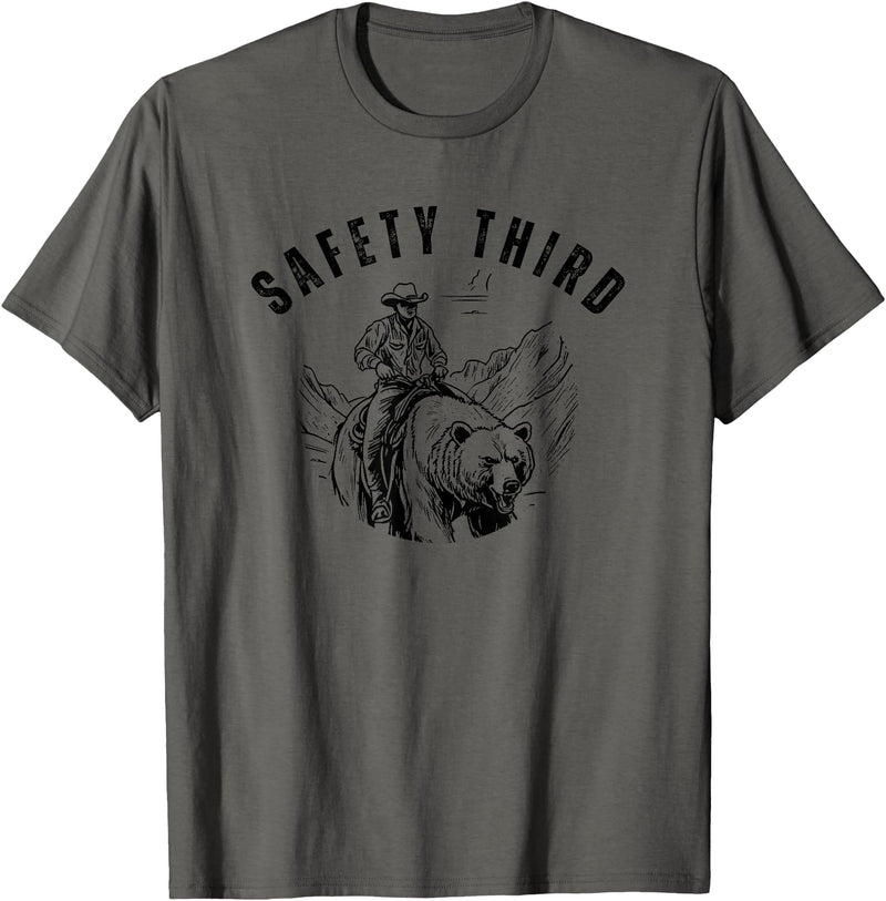 Exteevaganza Safety Third Cowboy Riding Bear Humorous Graphic T-Shirt - Asphalt Grey