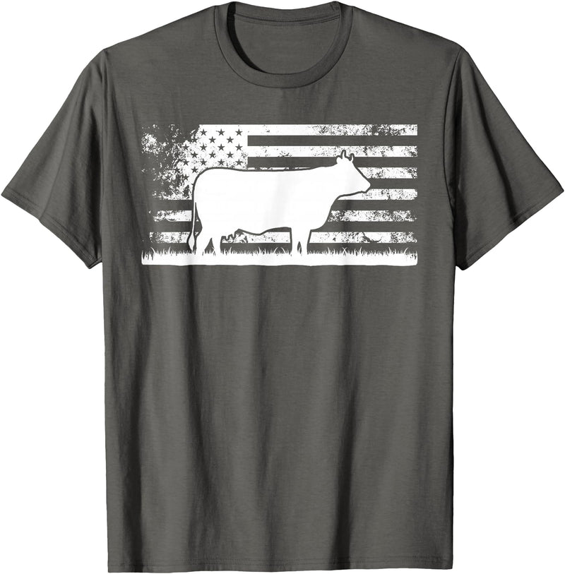 Funny Charolais Rancher Gift for Cattle Lover American Flag - American Cow Charolais Rancher T-Shirt - Asphalt Grey