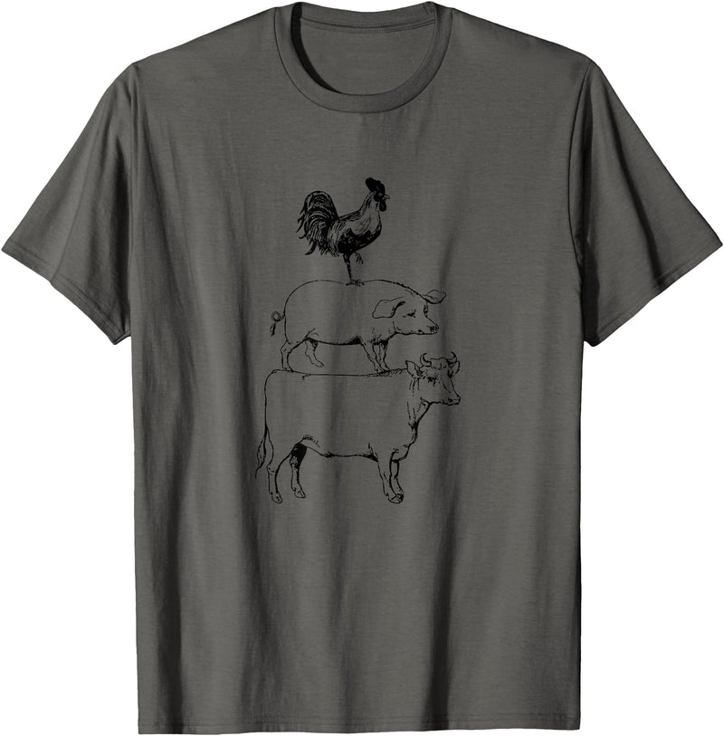 Tee Farm Stacked Farm Animals Cow Pig Rooster Meat Lover Farm Lover T-Shirt - Asphalt Grey