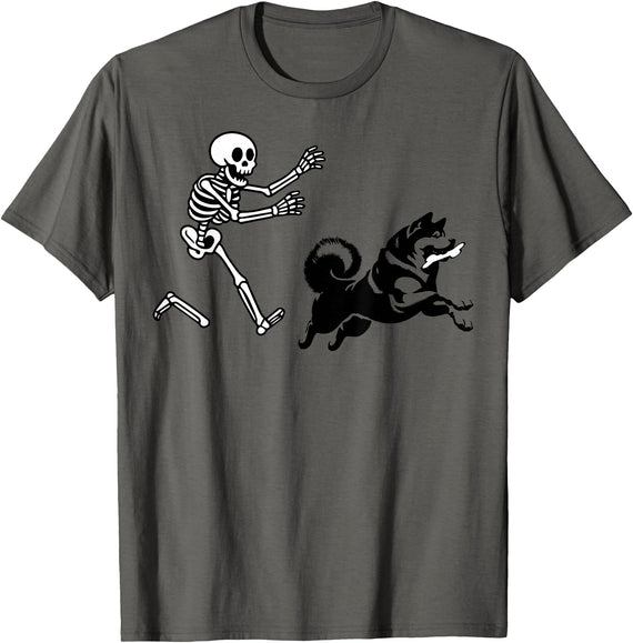 akita mom messy bun hair tee Funny Akita Running Skeleton Halloween T-Shirt - Asphalt Grey